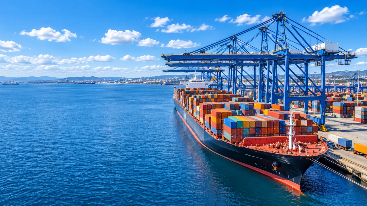 Illustrative container ship and cranes at a bright international port.