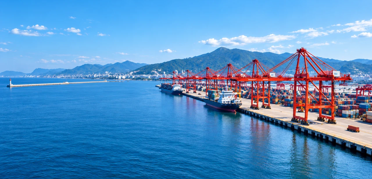 AI-generated conceptual container terminal with red cranes, blue sea and bright daylight.