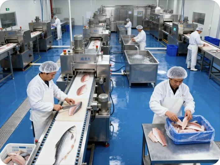 Illustrative fish processing team working with fillets in a clean food production facility.