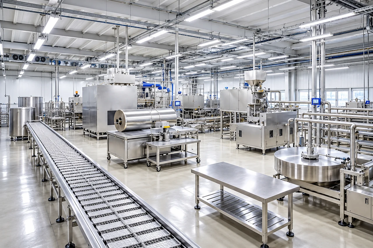 Bright modern stainless-steel food processing hall — AI-generated concept