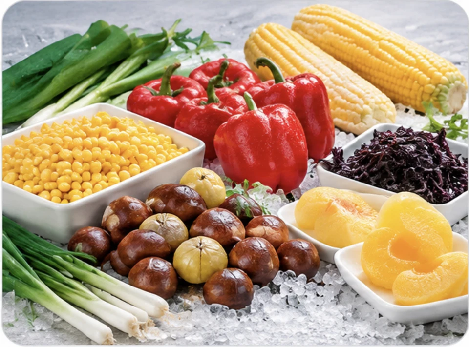 Chestnuts, corn, green onions, red peppers, yellow peaches and seaweed arranged on ice.