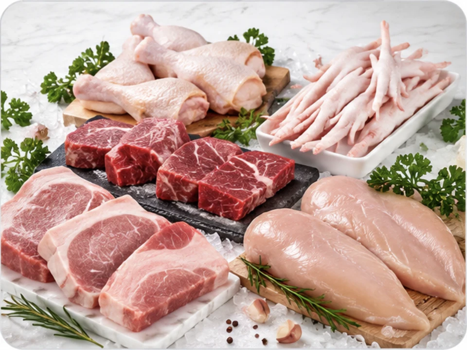 Pork cuts, beef, chicken breast, chicken feet and chicken legs.