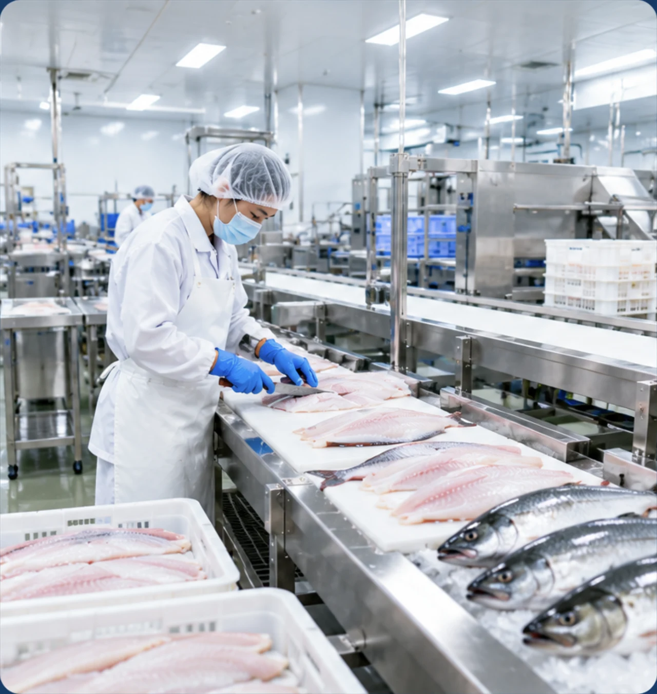Illustrative Chinese food processing worker cutting fish fillets in a bright, hygienic processing facility.