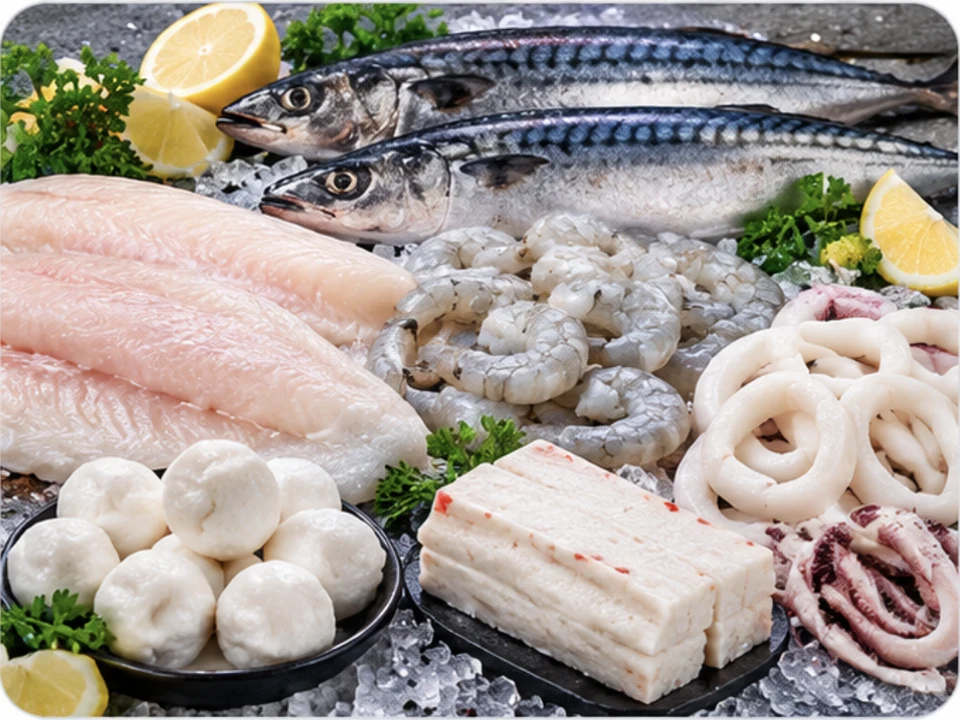 Fish fillets, mackerel, shrimp, squid, surimi and fish balls arranged on ice.