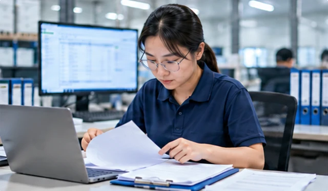 Illustrative Chinese trade professional reviewing shipment paperwork beside a laptop.