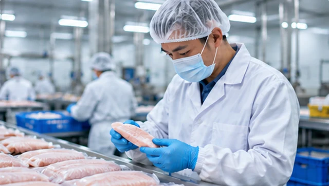 Illustrative Chinese food quality worker wearing hygienic protective clothing and inspecting fish fillets.