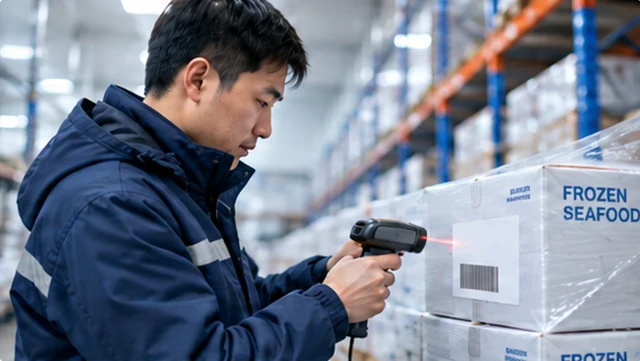 Illustrative Chinese warehouse worker scanning a barcode on frozen seafood cartons.