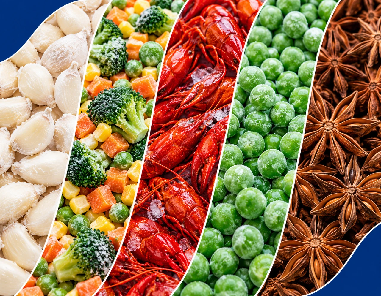Frozen garlic, mixed vegetables, crawfish, green peas and star anise — approved food montage