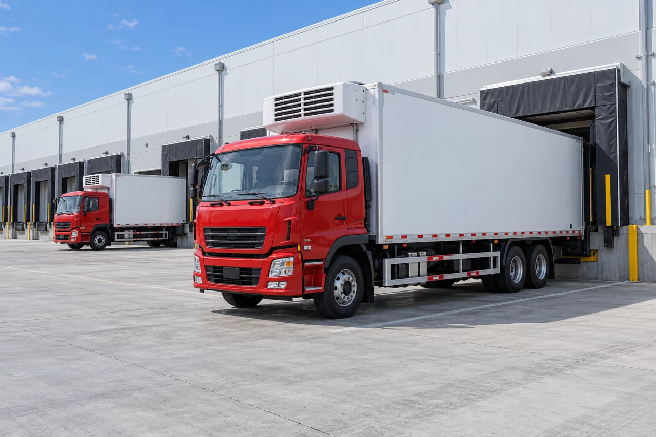 Red refrigerated trucks at a modern cold-storage loading dock — AI-generated concept